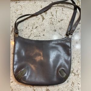 Gray, vintage, leather, shoulder bag with zipper close.